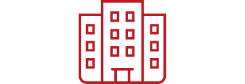 stylised building icon in red
